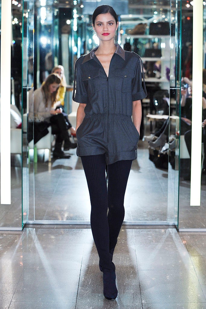 blue cotton jumpsuit with black leggings