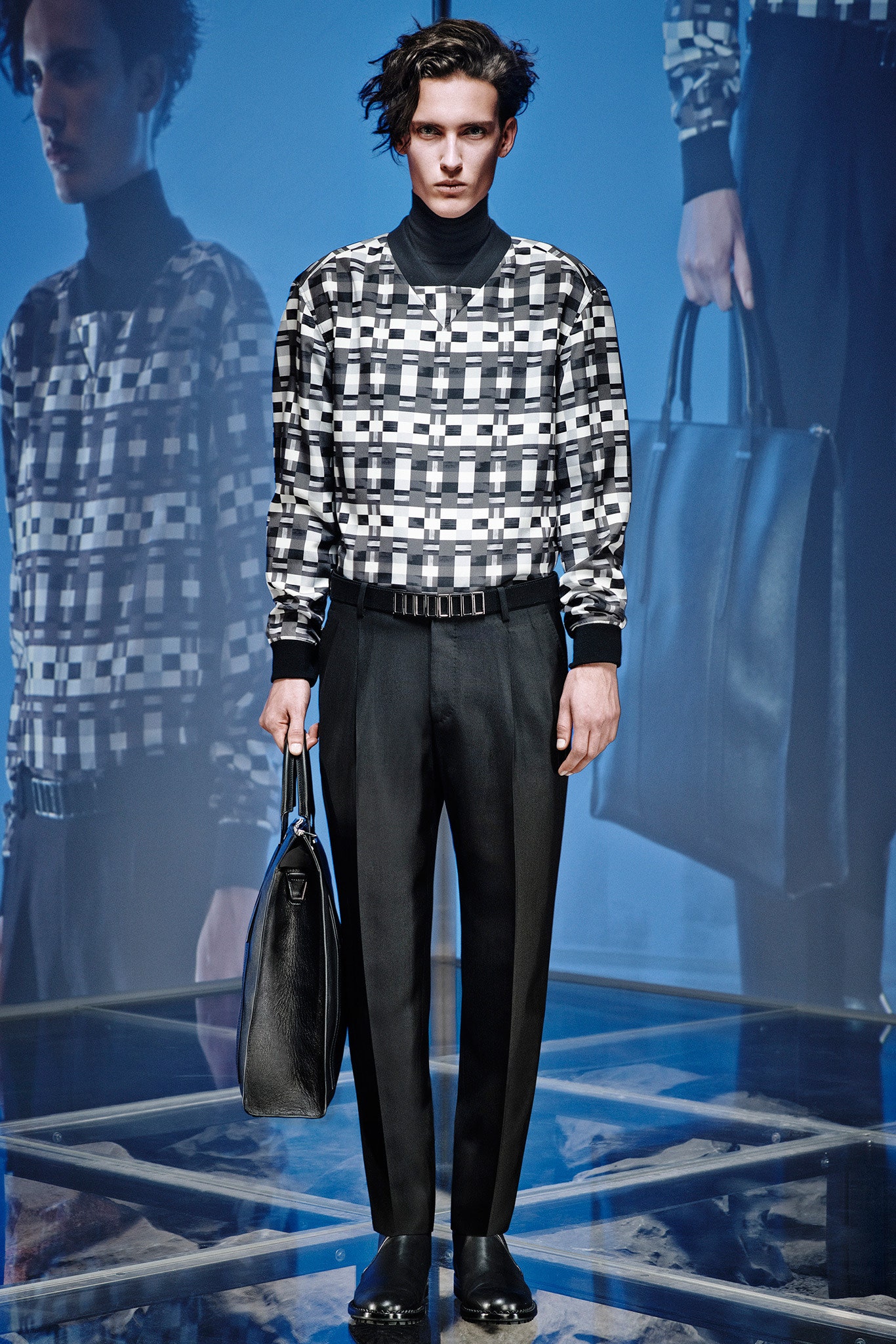 black and white checked top with tailored pants
