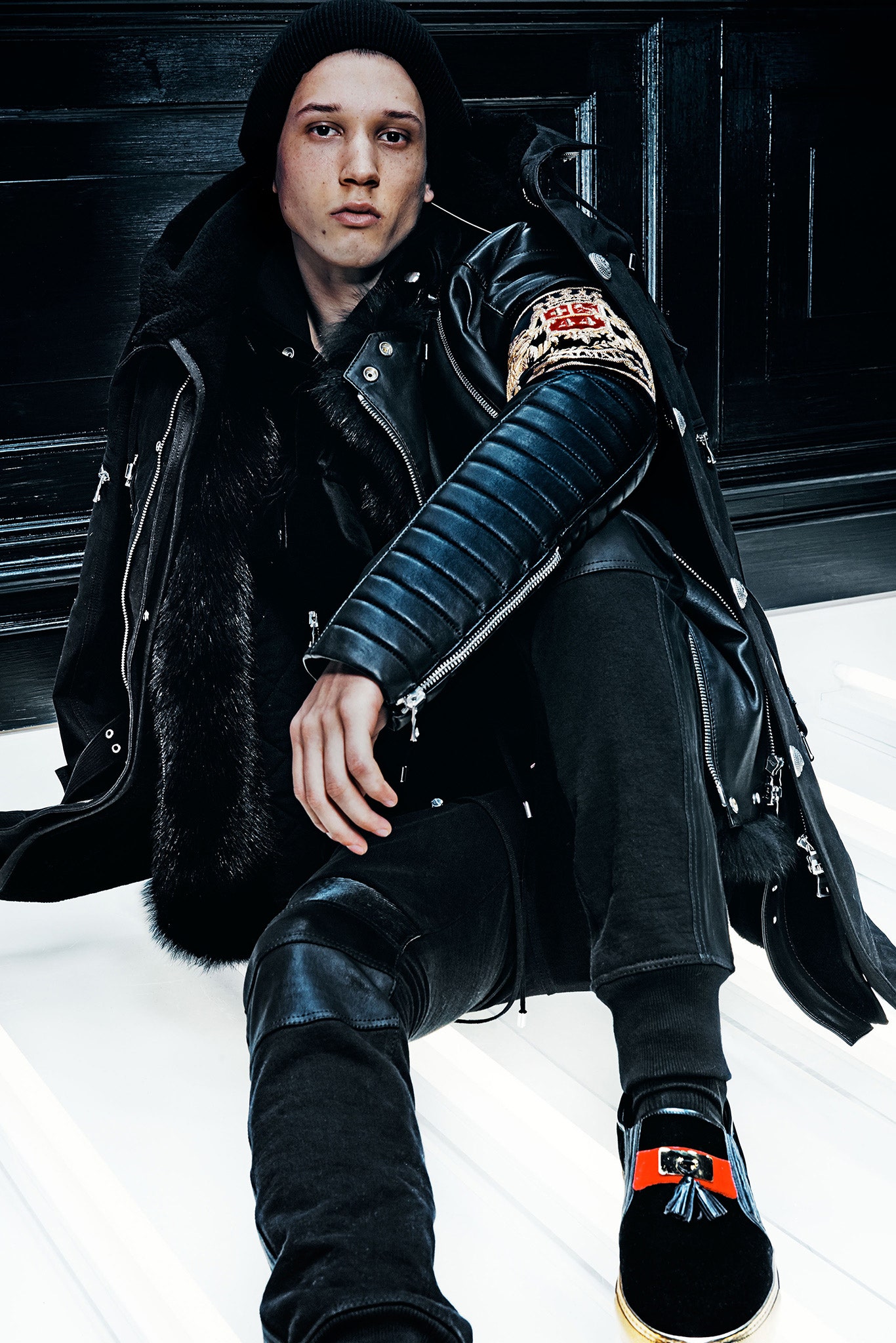 black leather coat with fur