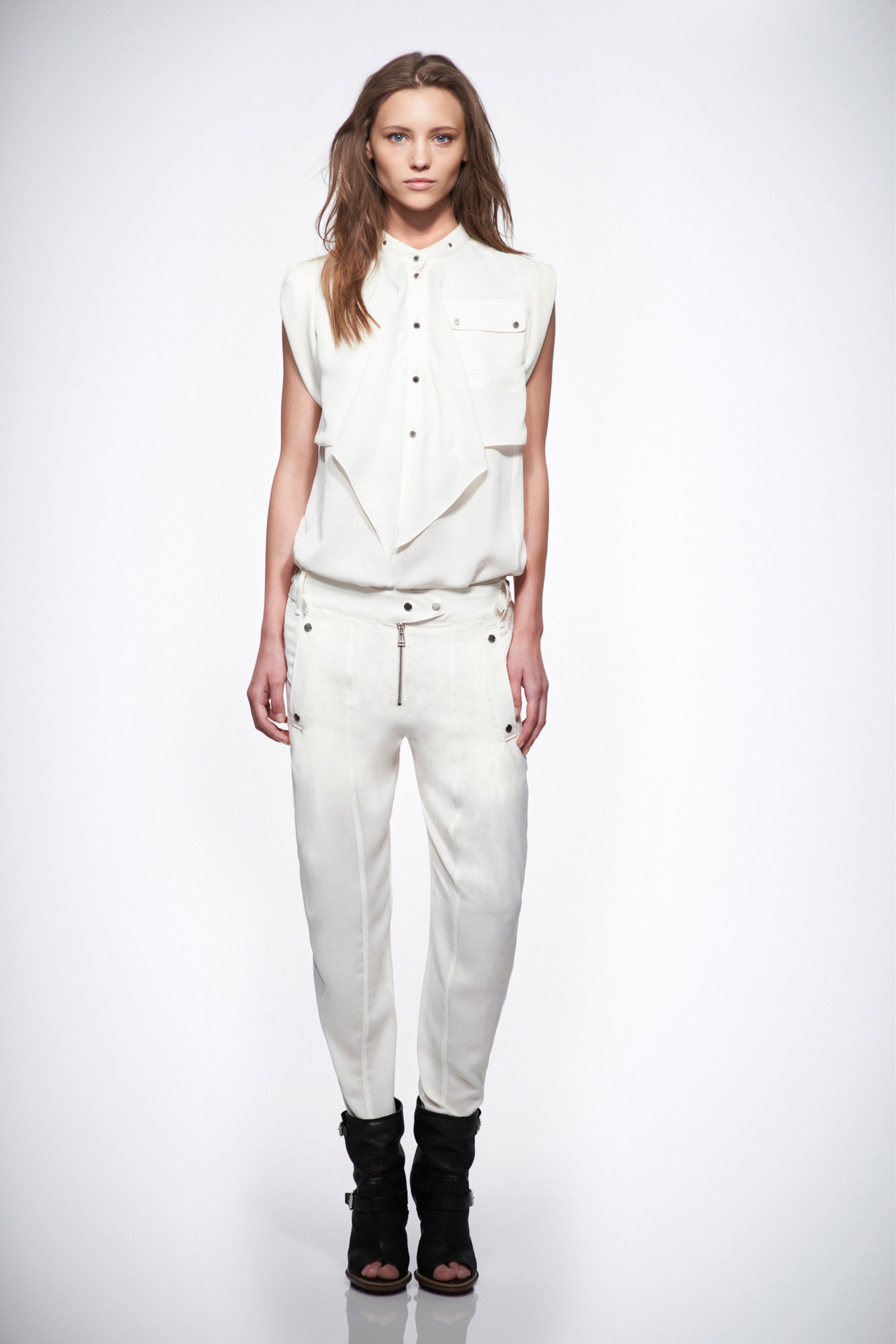 ivory chiffon sleeveless high-neck buttoned draped flowing blouse