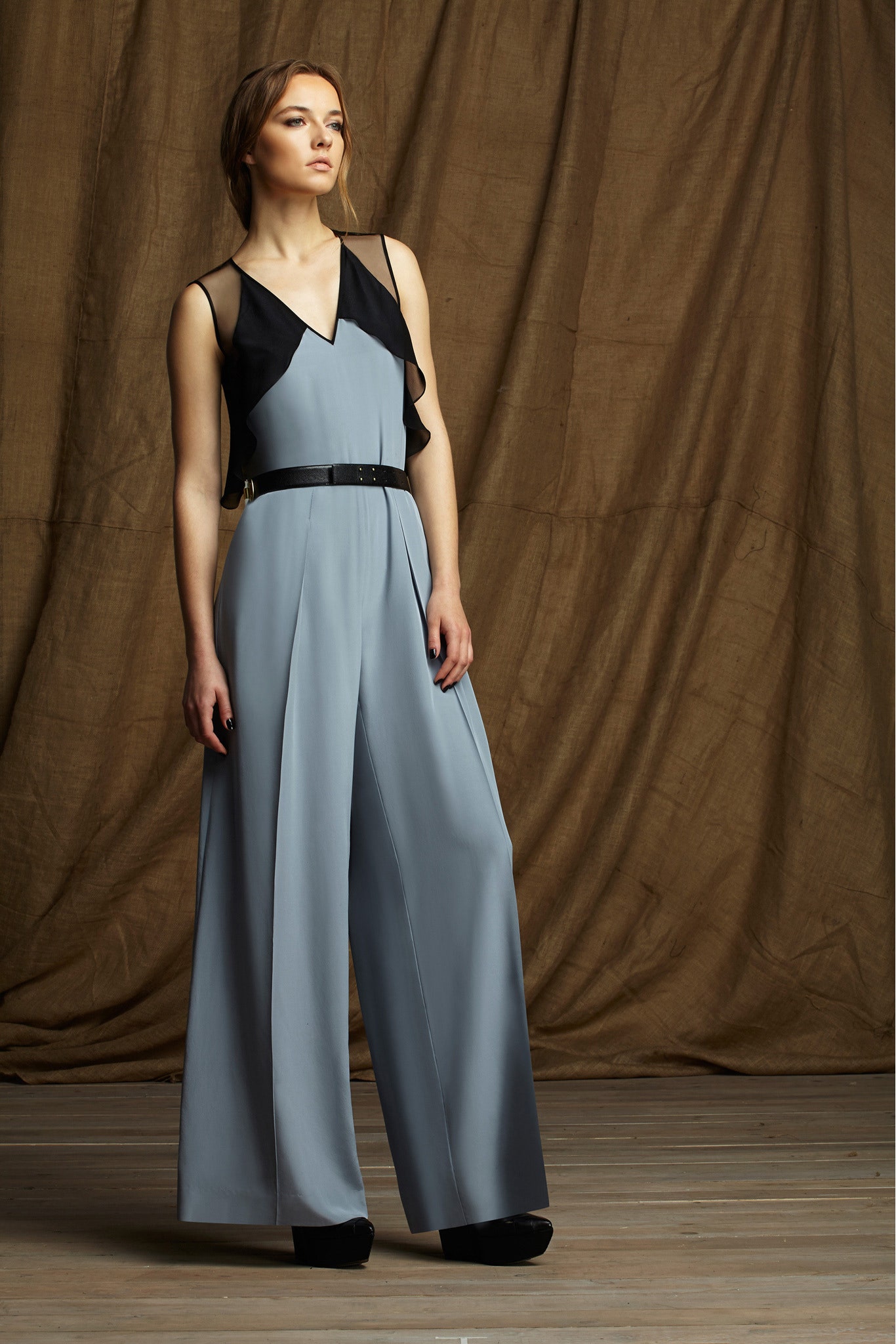 gray silk sleeveless jumpsuit