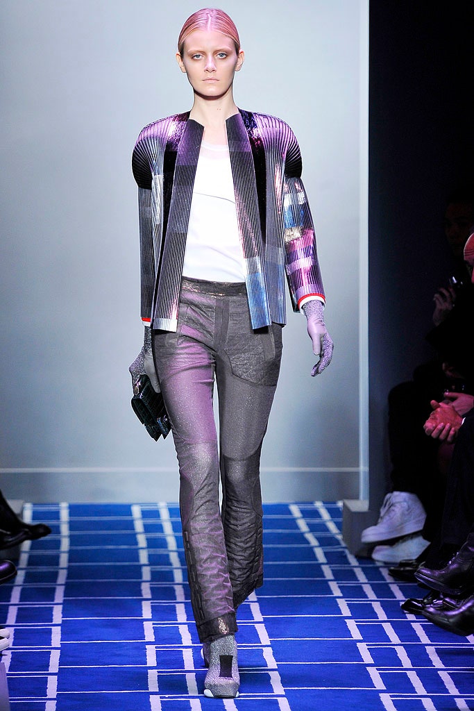 fitted metallic jacket with slim pants