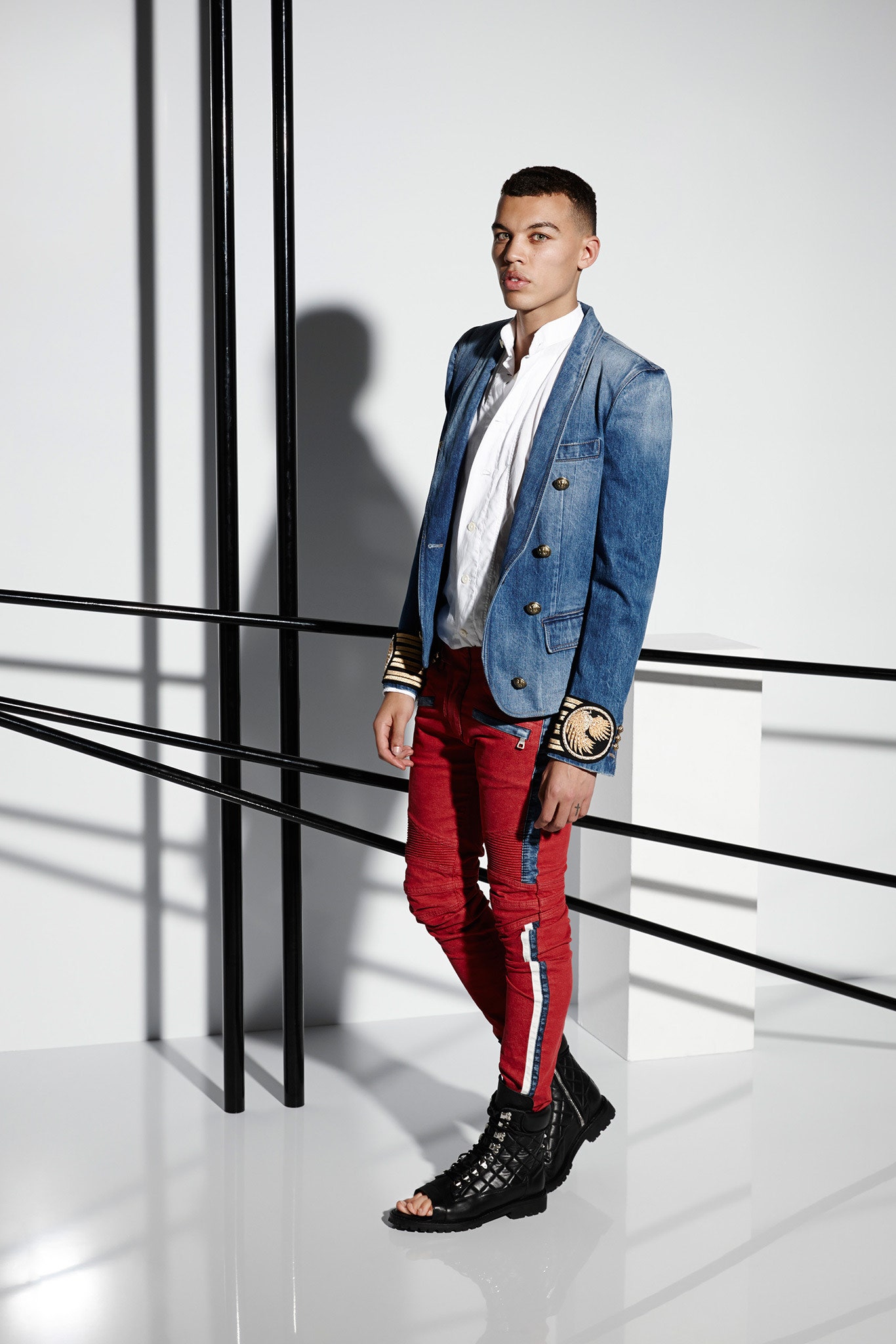 blue denim long-sleeve collared tailored buttoned jacket