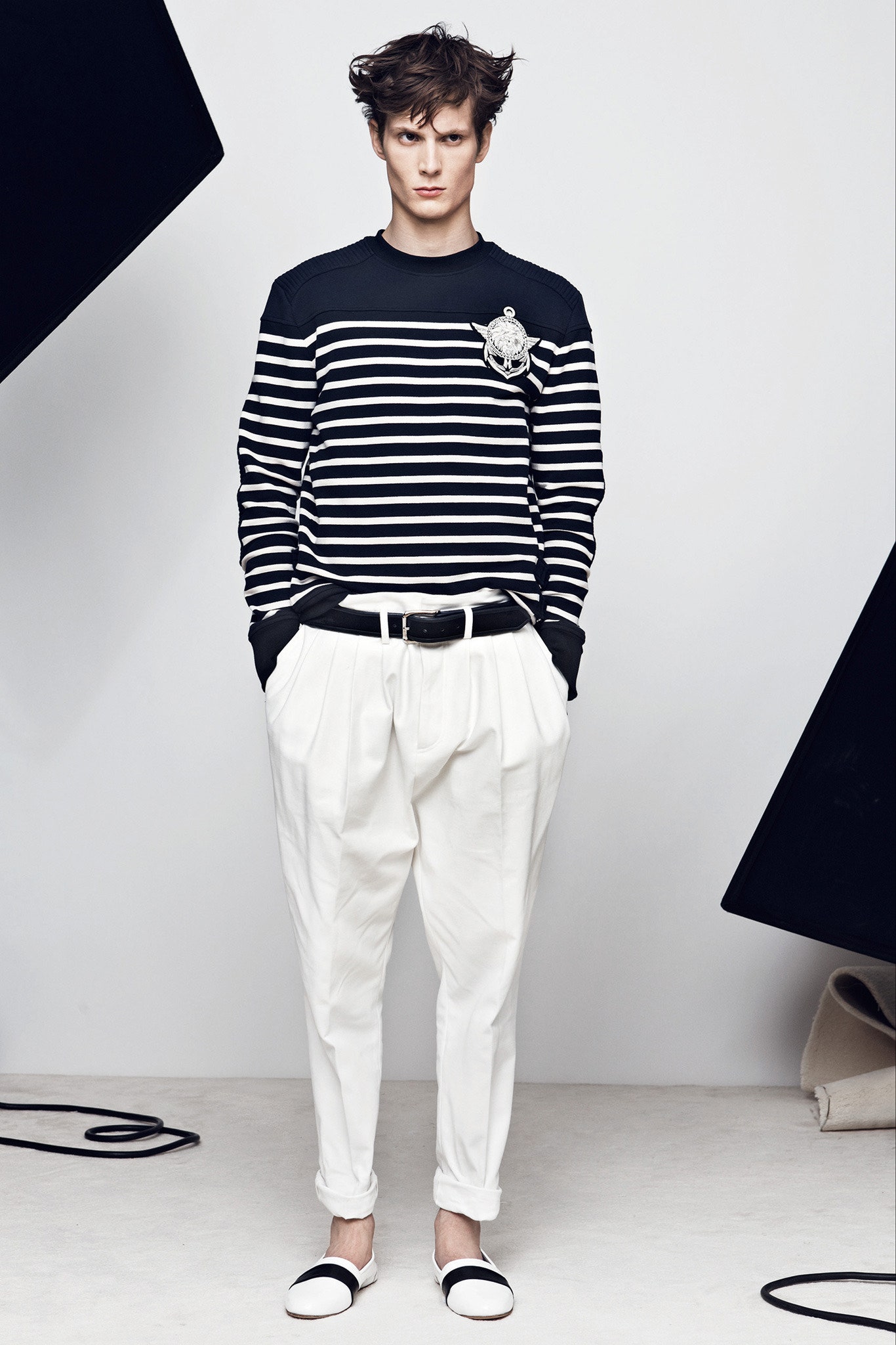striped long-sleeve top with pleated pants