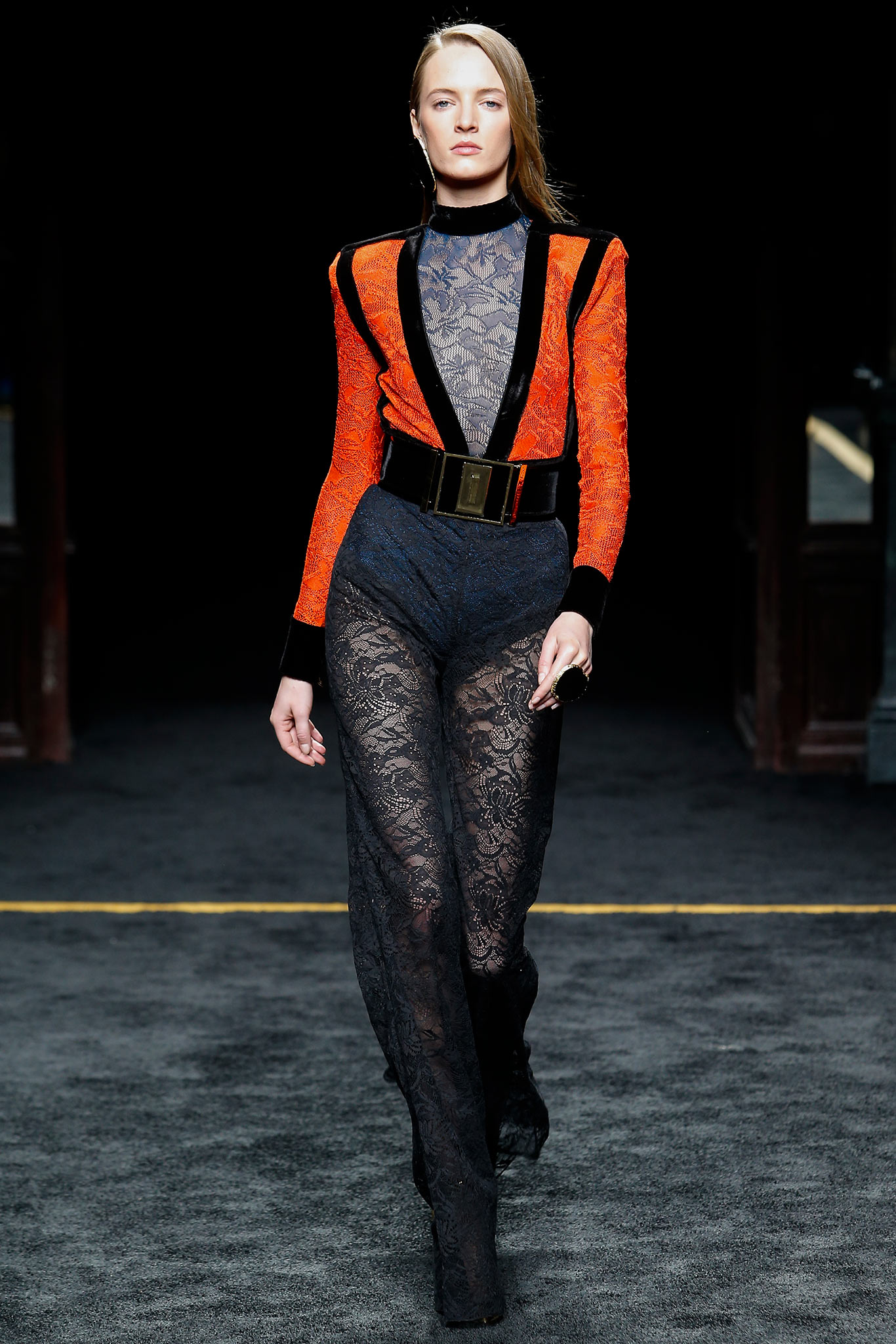 black lace fitted straight-leg pants