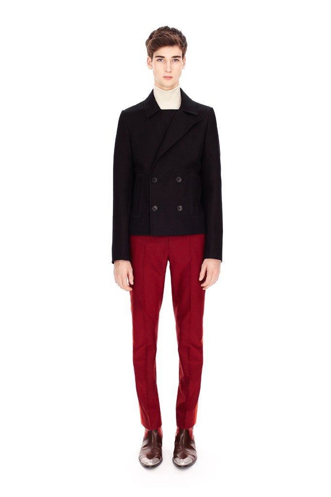 black tailored jacket red pants