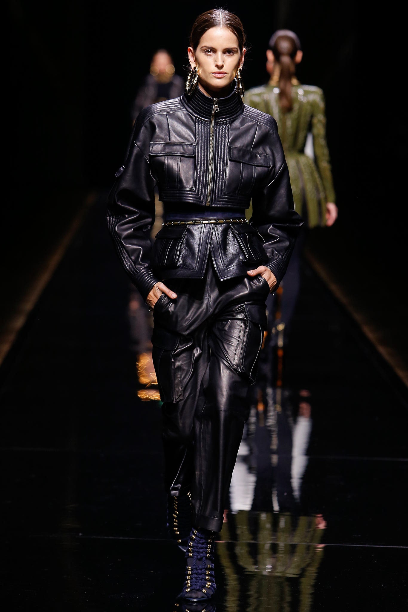 black leather long-sleeve high-neck fitted structured zippered jacket
