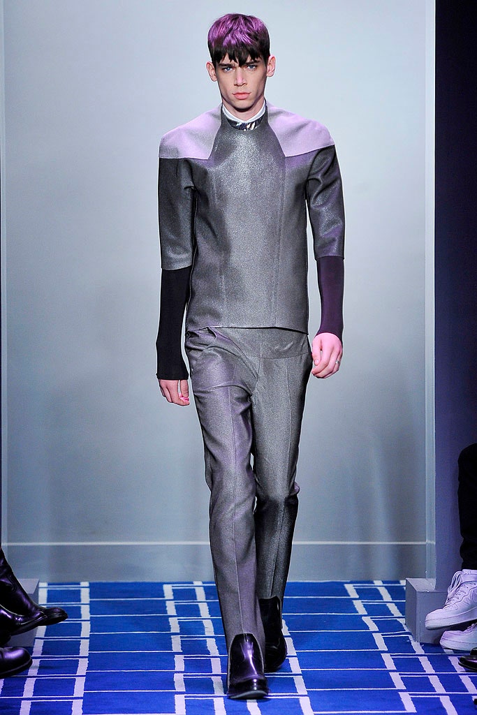 gray metallic long-sleeve high-neck fitted structured shiny top
