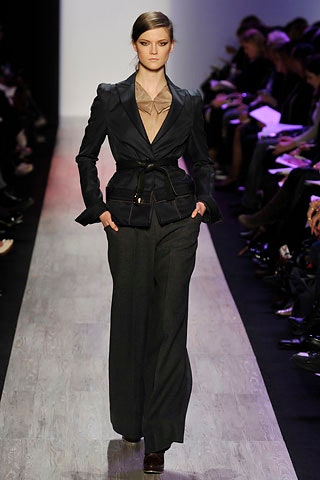 black tailored blazer gray relaxed pants