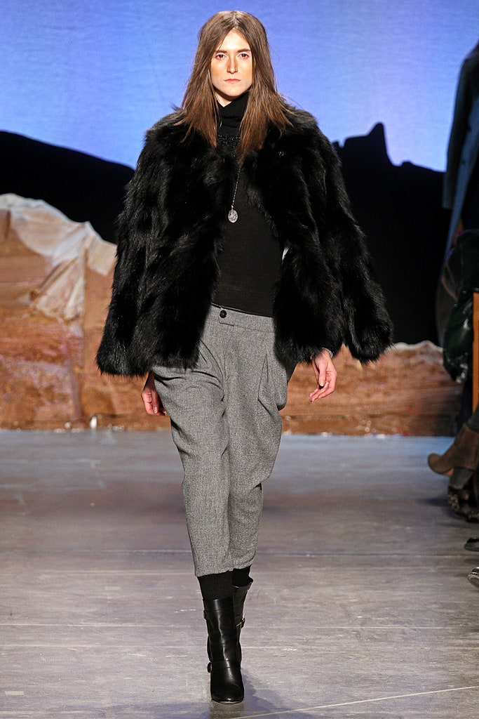black faux-fur coat with turtleneck