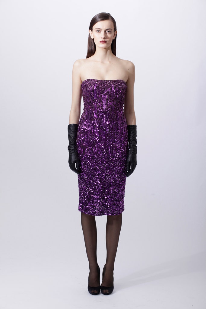 fitted purple sequin midi dress