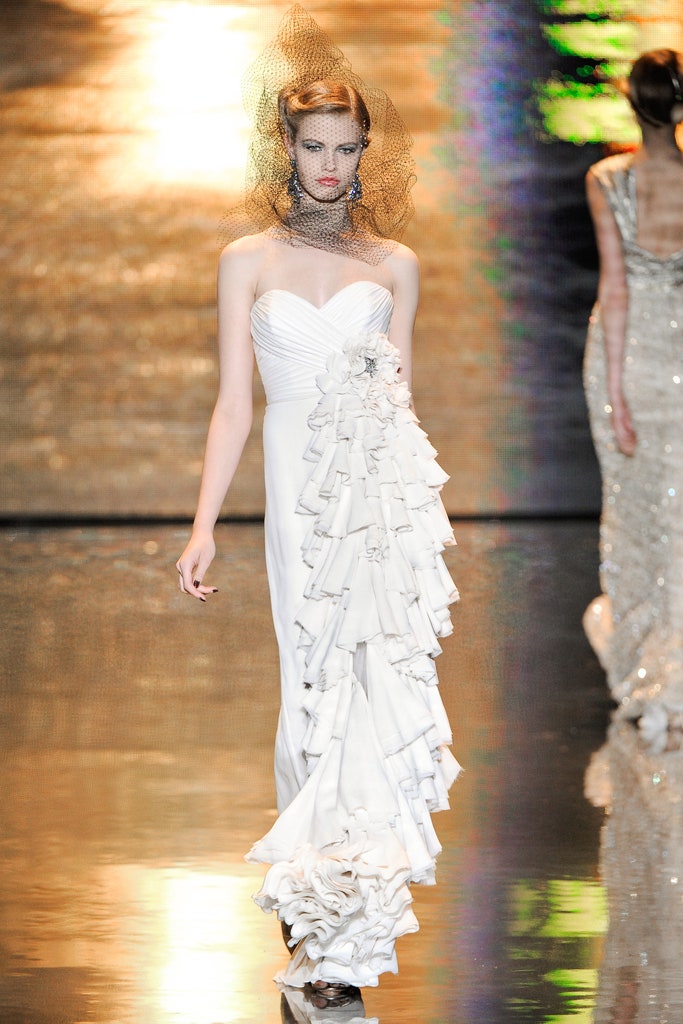 white silk strapless gown