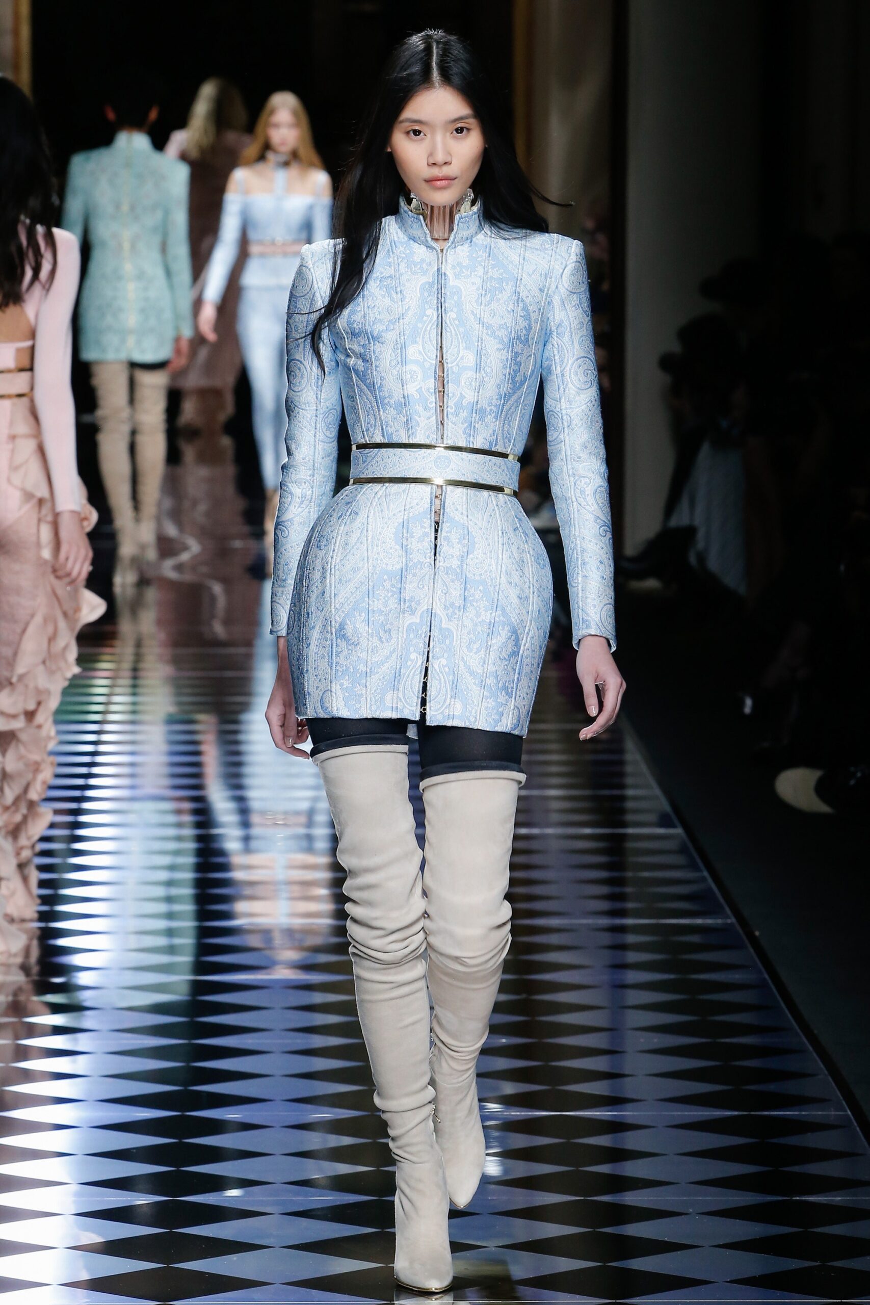 blue silk fitted dress with boots