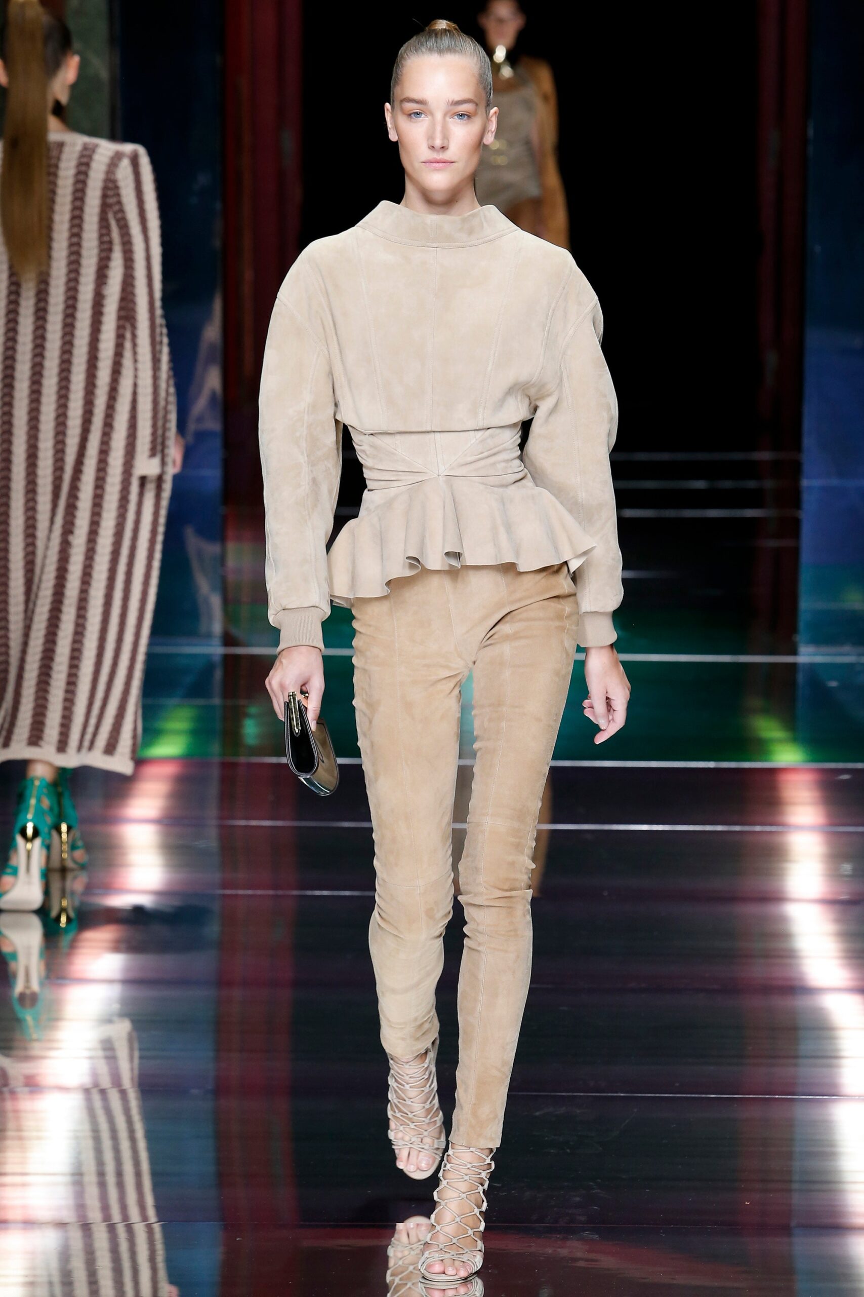 beige suede fitted top and pants