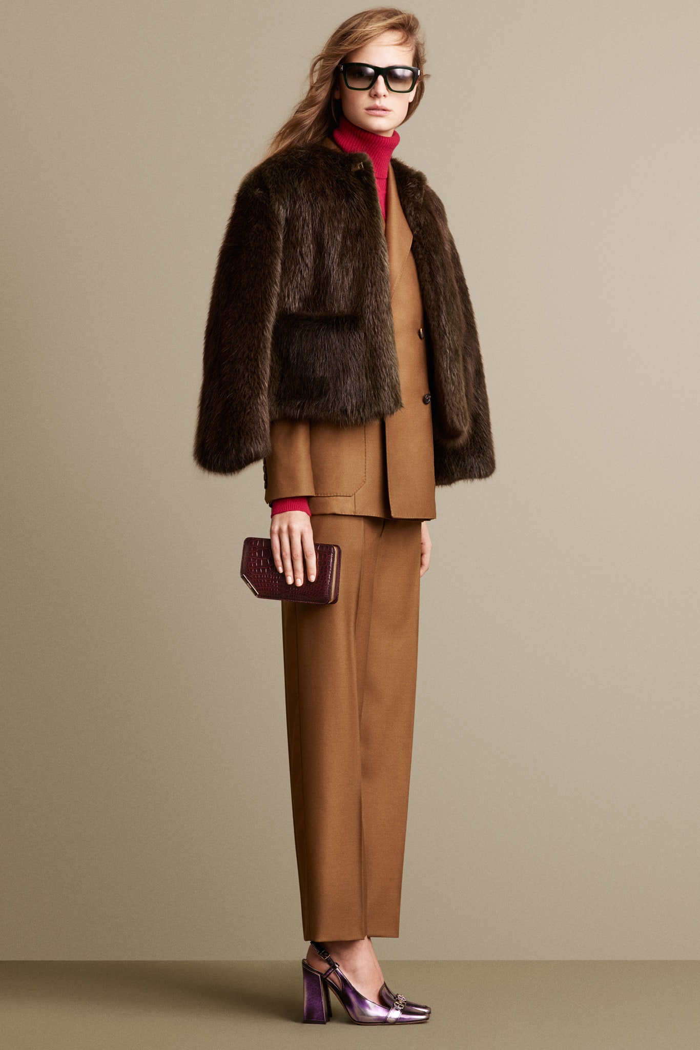 brown fur long-sleeve fitted layered jacket