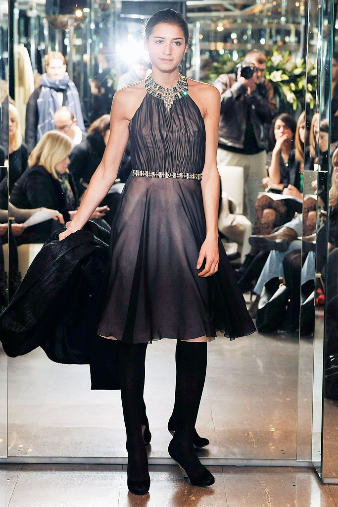black silk sleeveless high-neck fitted pleated flowing dress