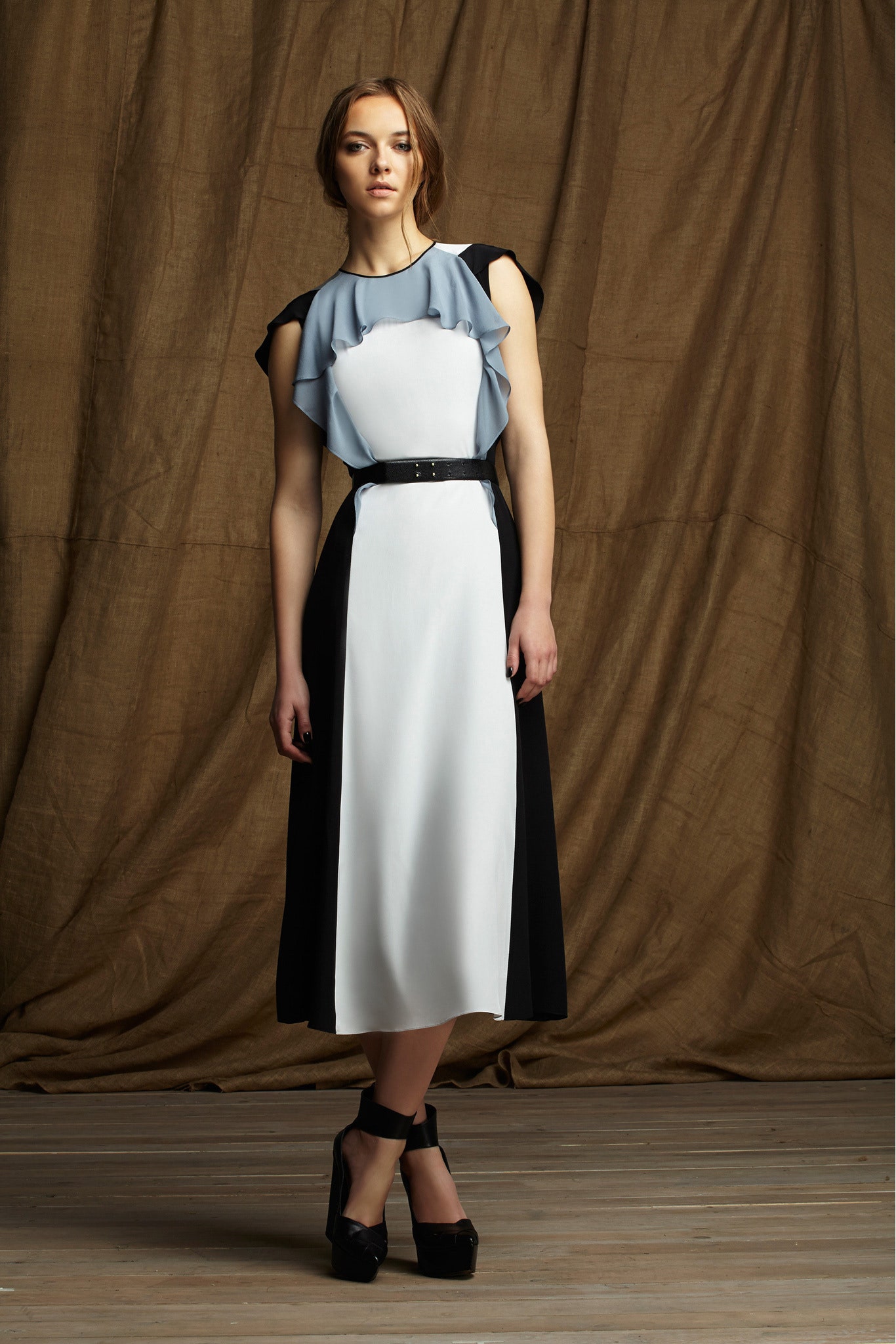 black and white color-blocked midi dress