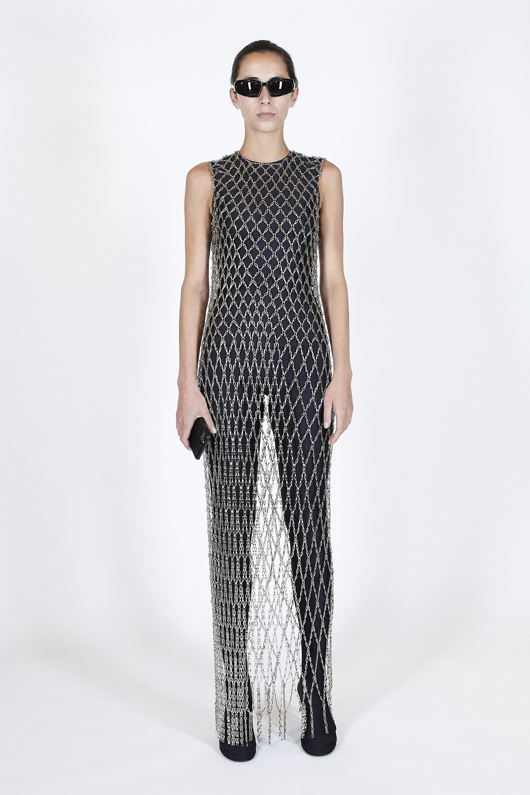 black metallic sleeveless catsuit