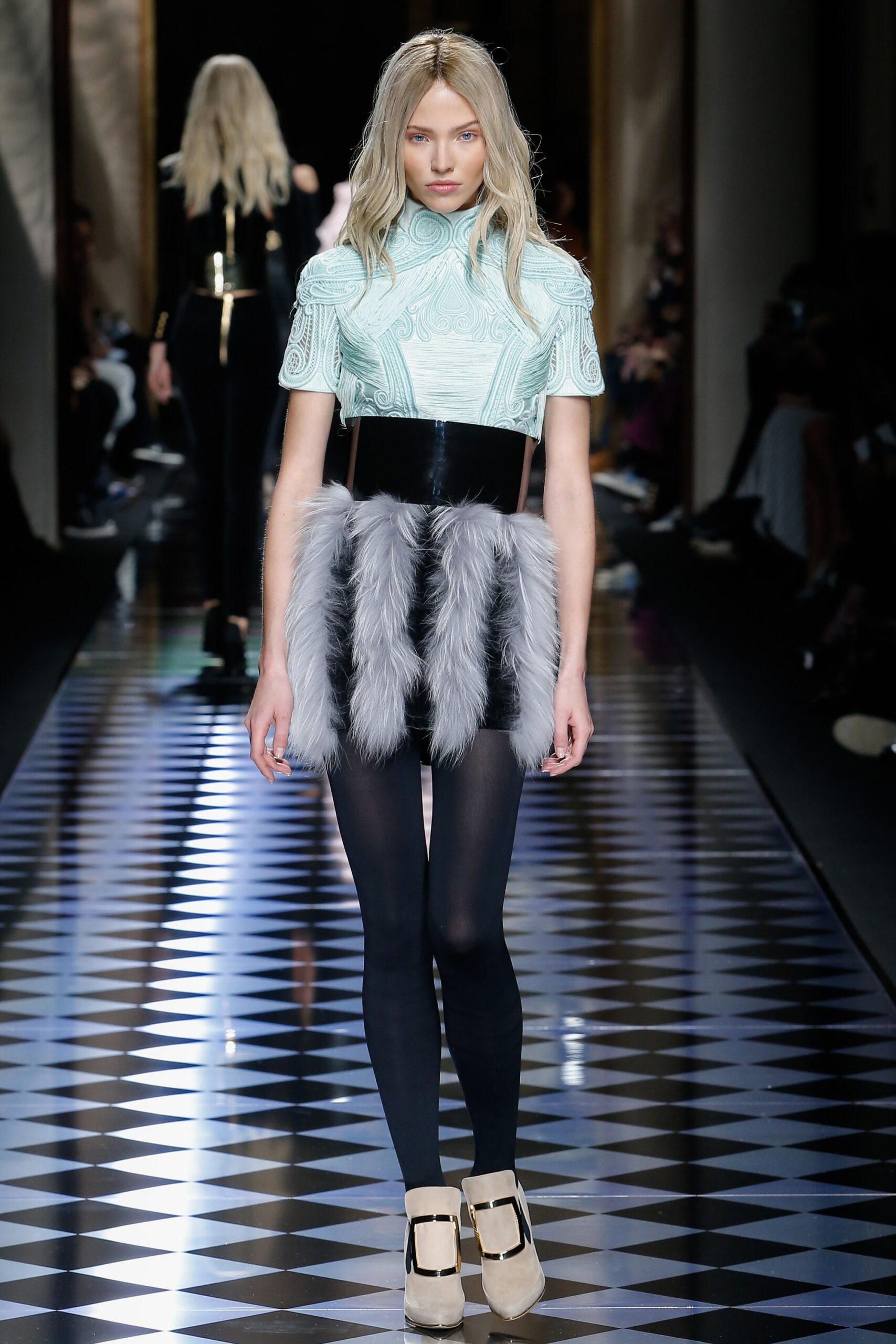 gray fur fitted tiered short skirt