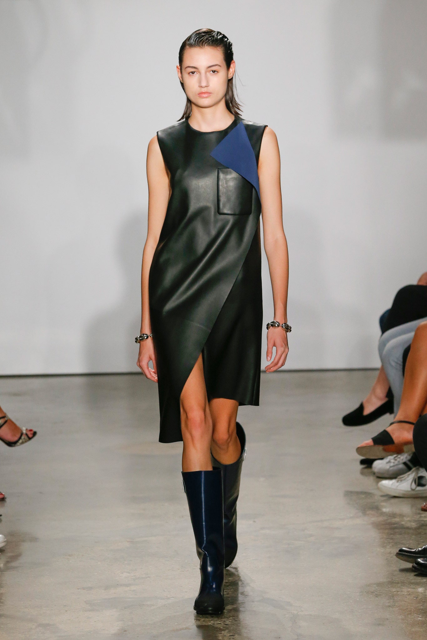 black leather asymmetric dress and boots