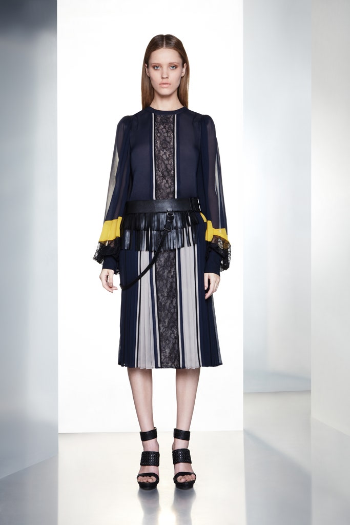 navy silk pleated midi dress