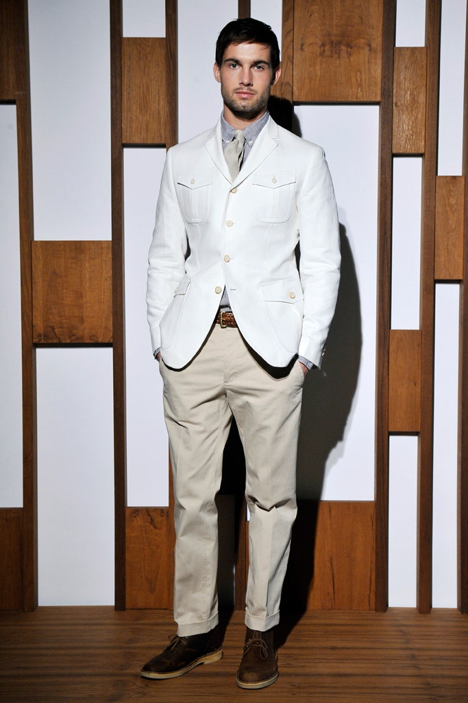 white tailored blazer with beige pants