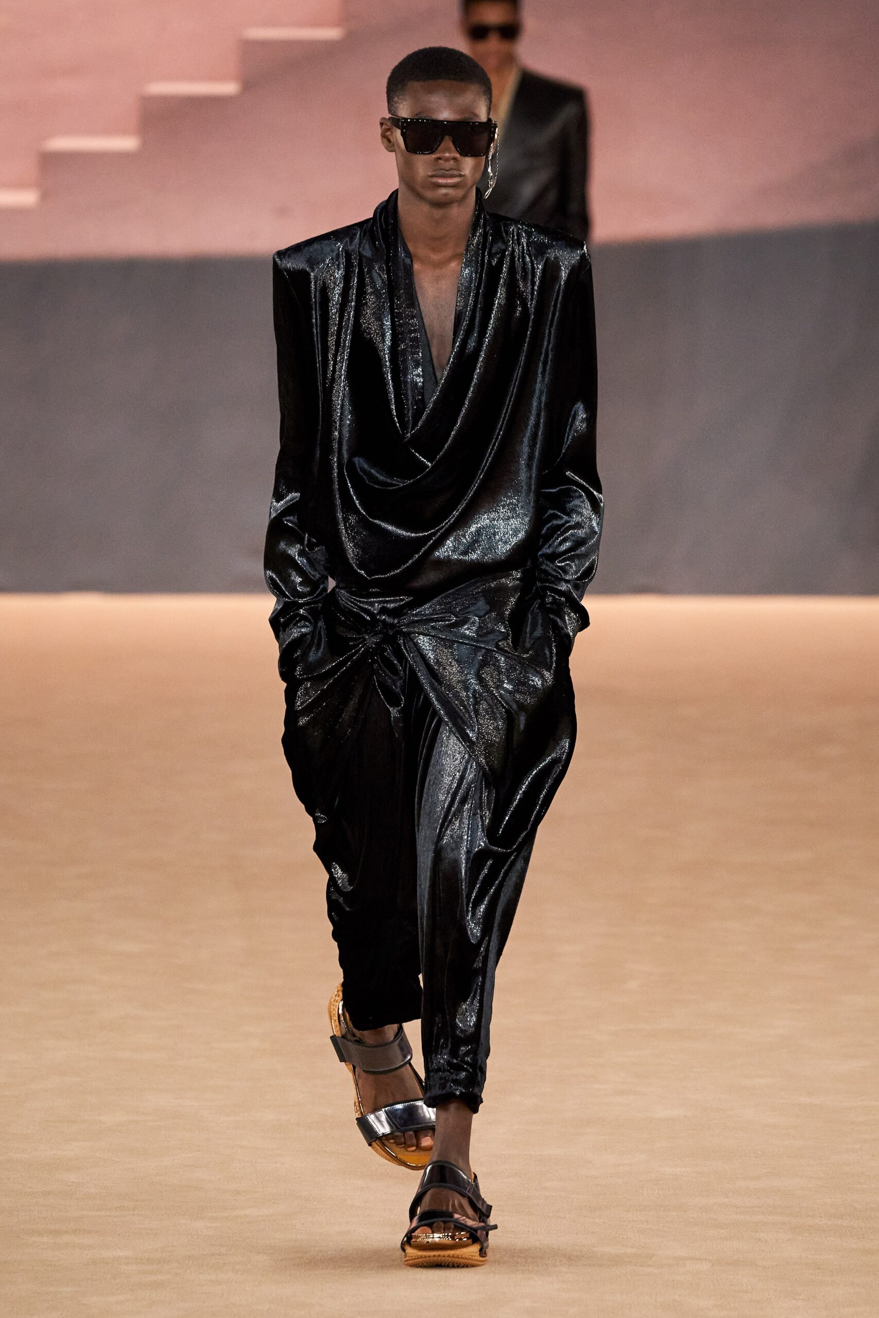 black silk long-sleeve v-neck relaxed draped shiny shirt