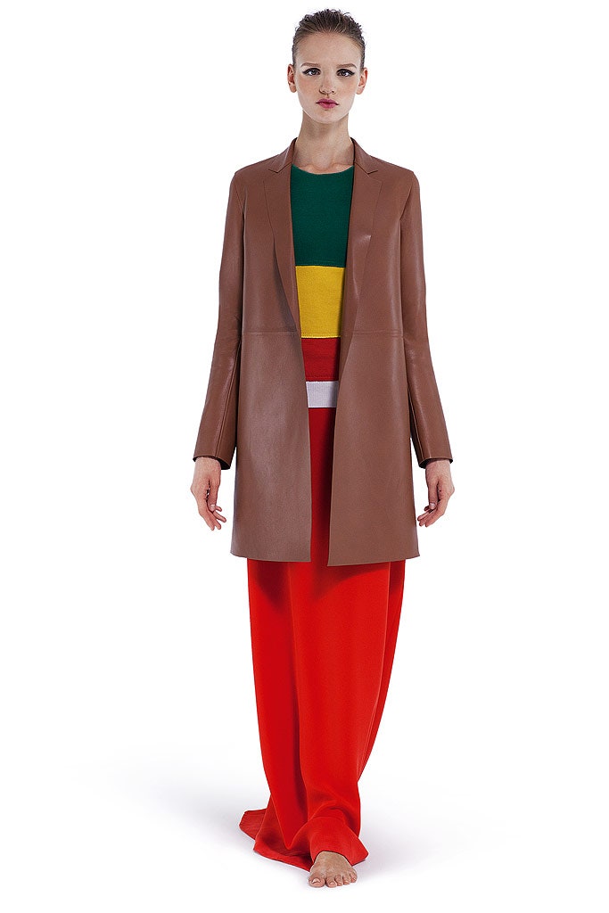 brown leather tailored blazer with color-blocked top