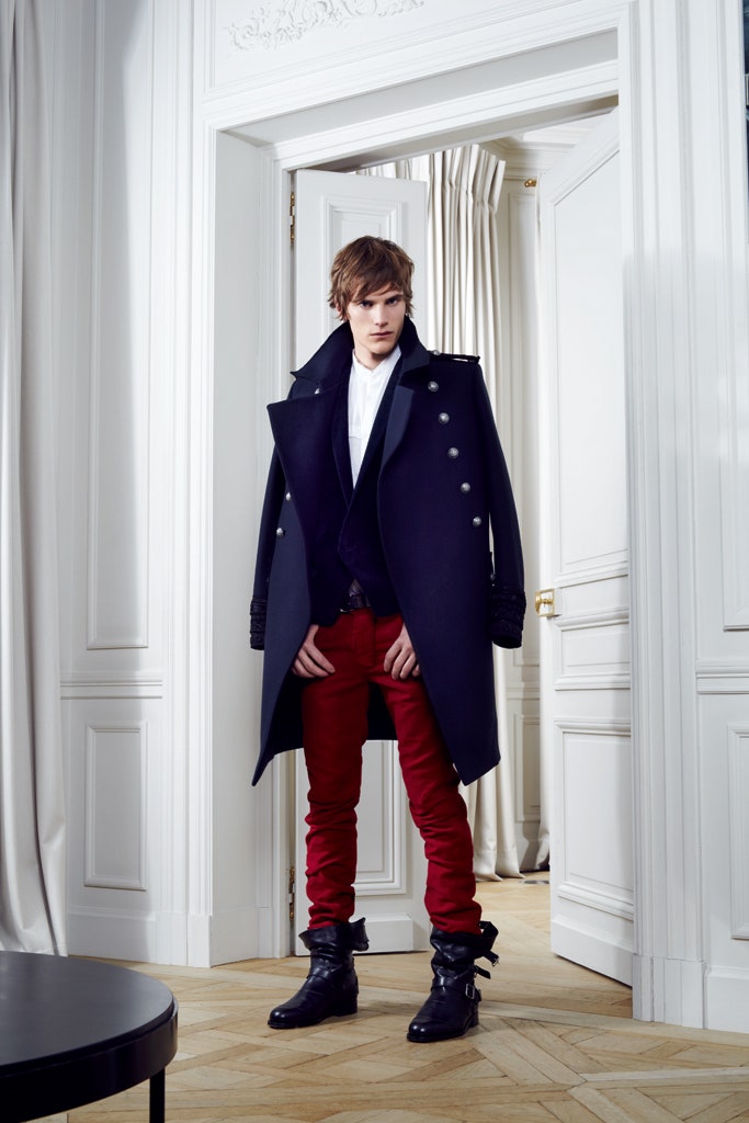 black wool coat with red pants