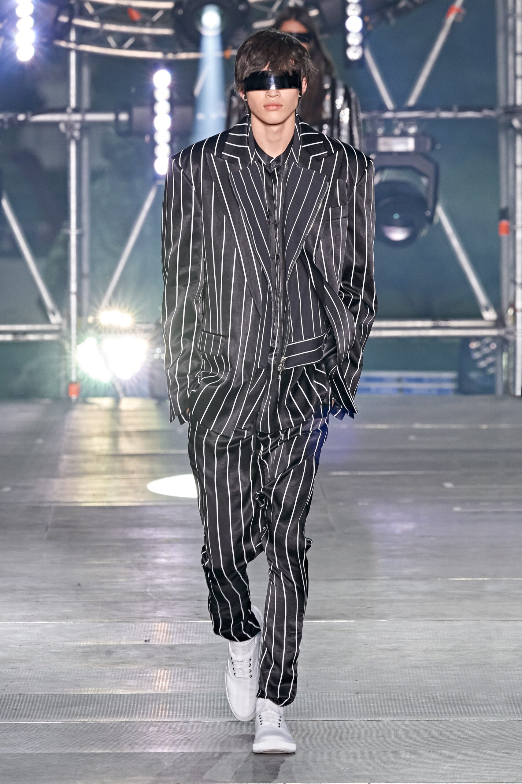 black and white striped suit