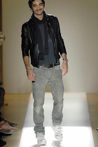 black leather jacket with gray shirt