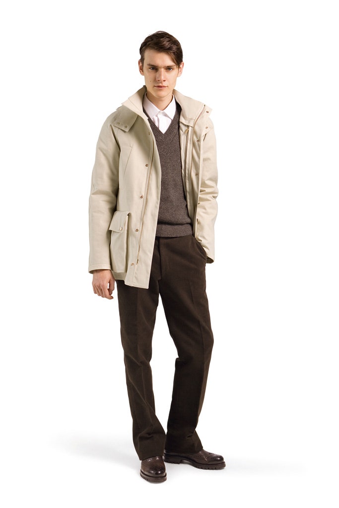 beige jacket with brown sweater and pants