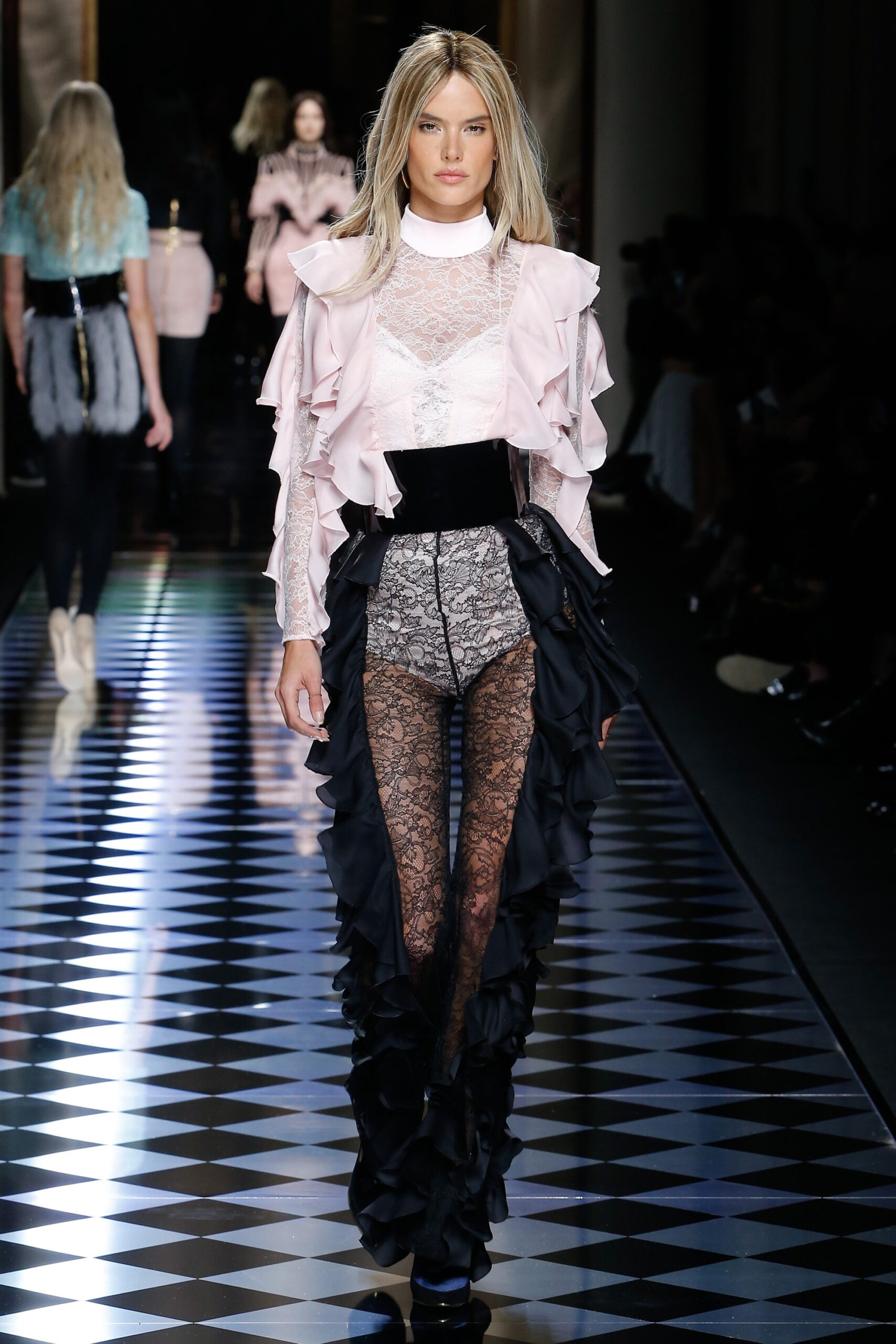 pink silk long-sleeve high-neck fitted ruffled blouse