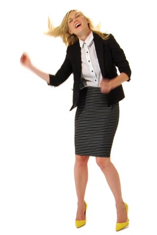 black blazer white shirt striped skirt