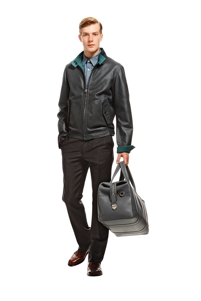 black leather jacket with gray pants