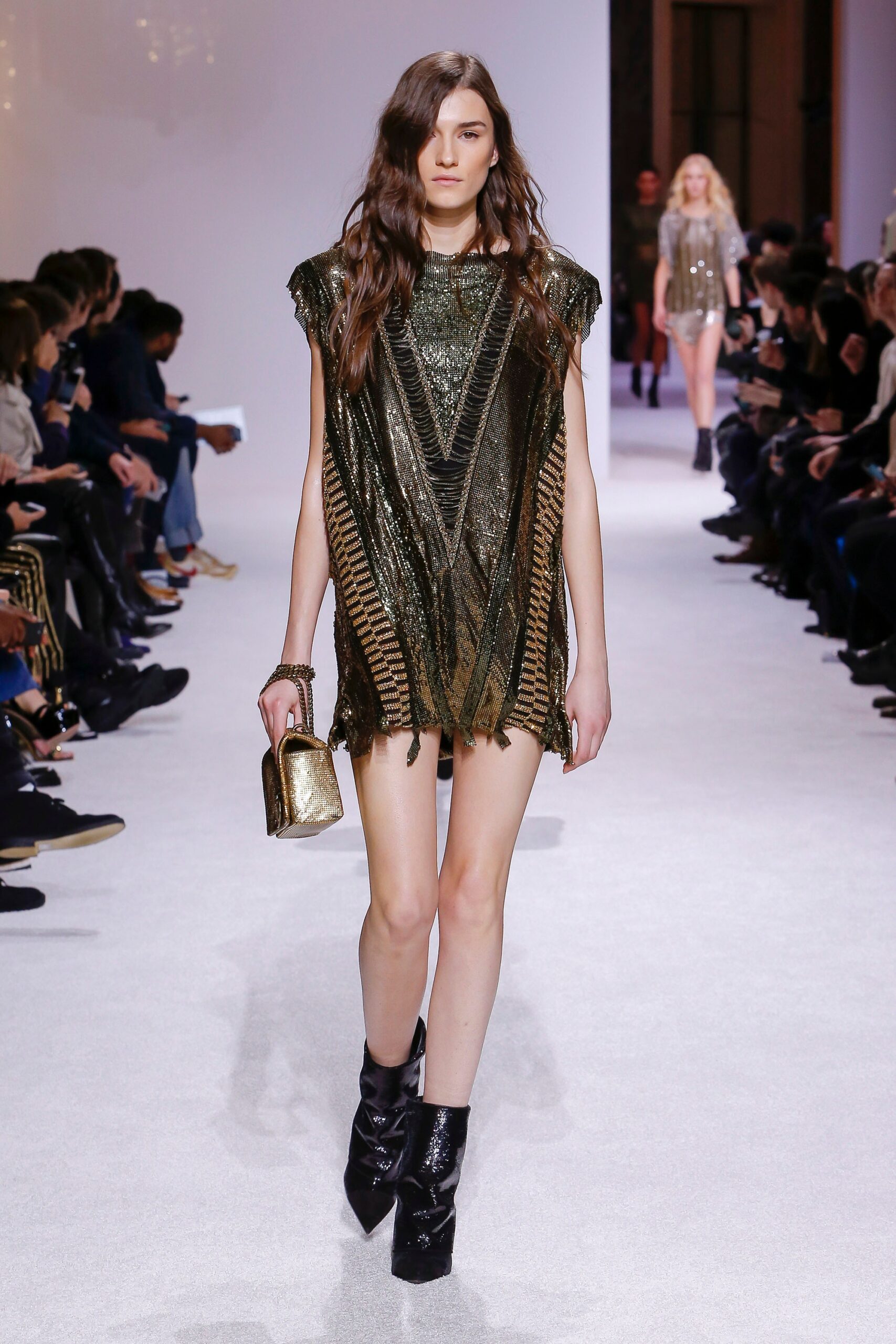 metallic green mini dress with fringes