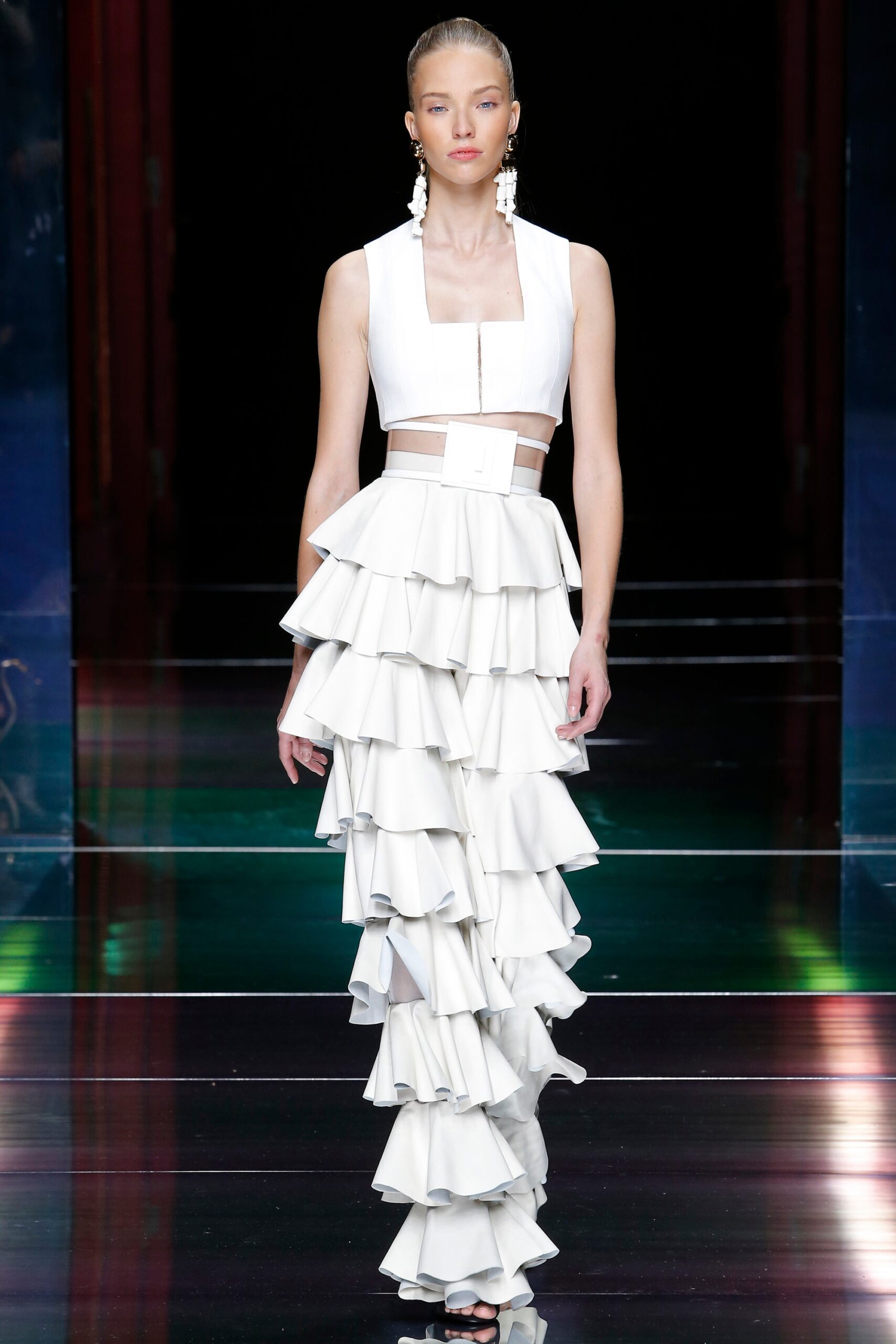 white silk sleeveless tiered dress