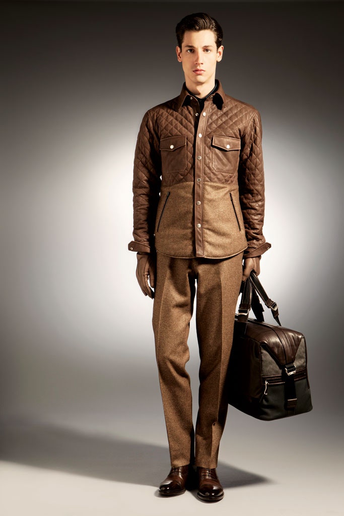 brown leather jacket and tailored pants