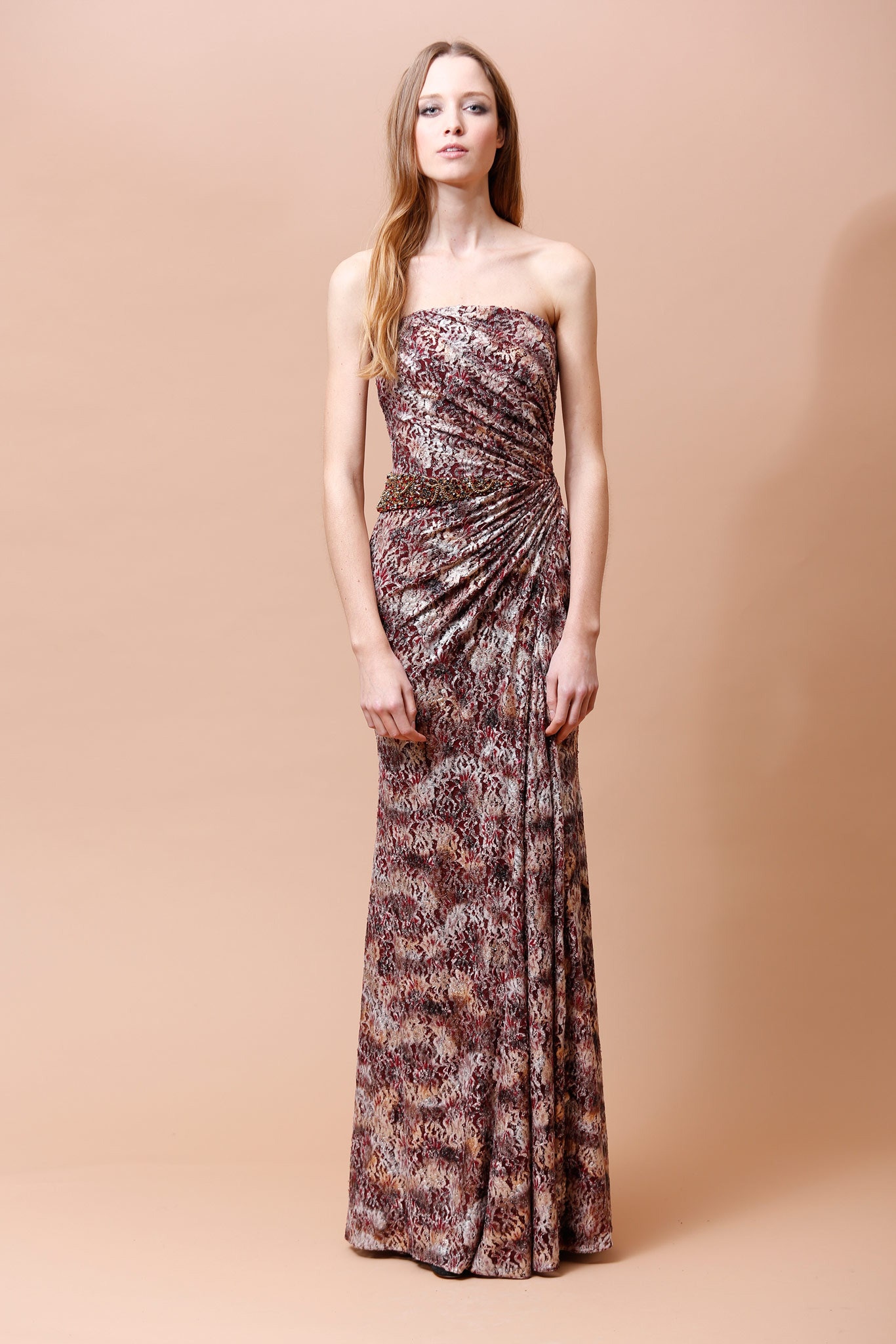 brown beige gold strapless gown