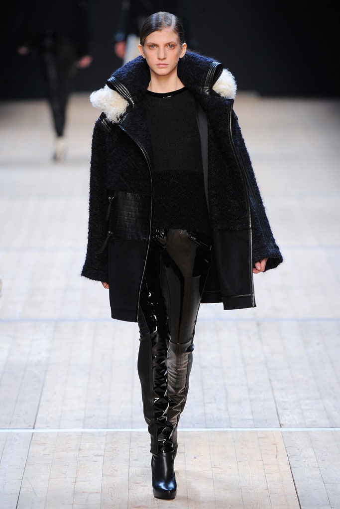 black faux-fur coat with fitted top