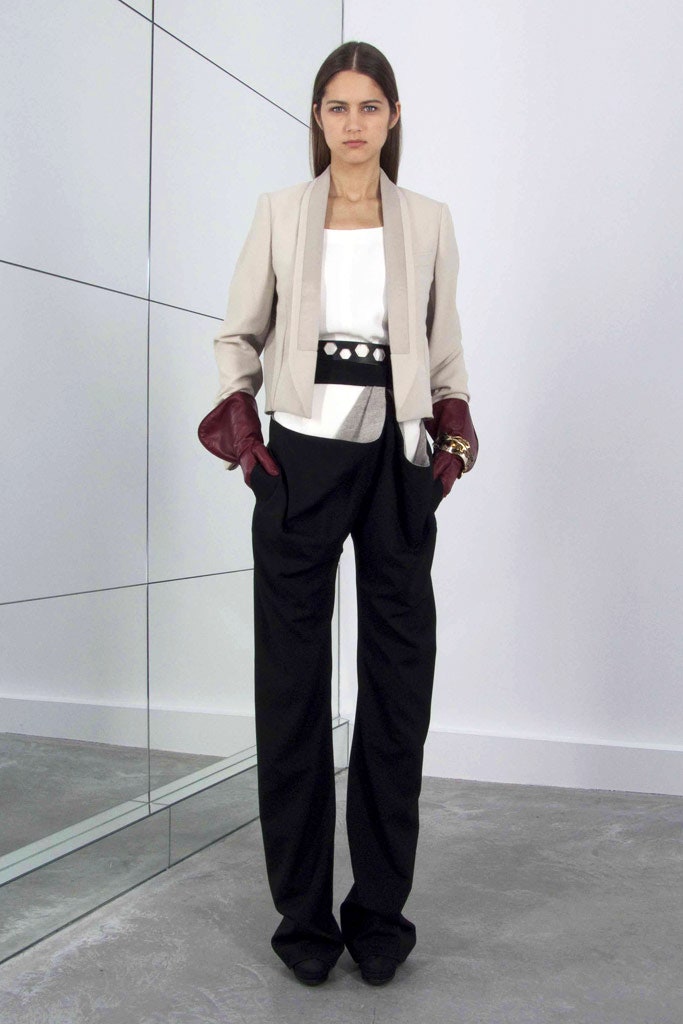 beige blazer with black pants