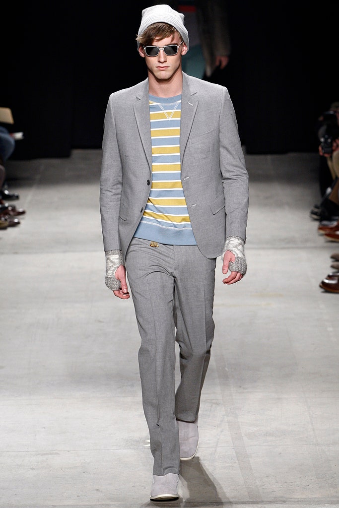 gray tailored suit with striped top