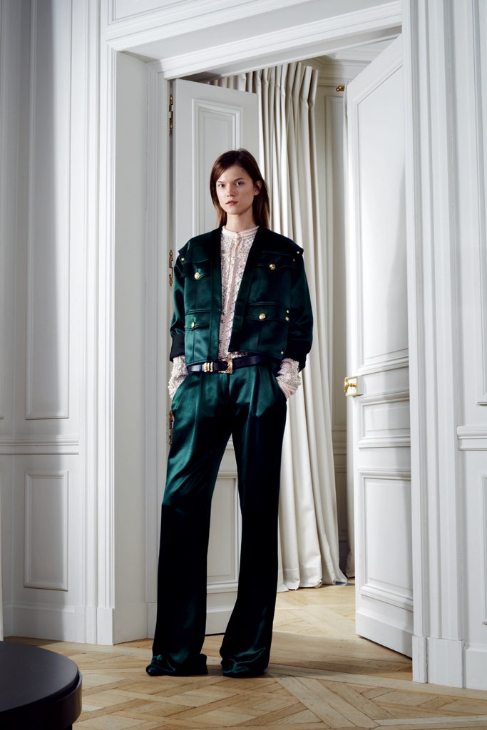 green silk tailored jacket and pants