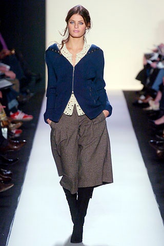 blue cardigan white blouse brown skirt