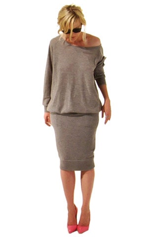 gray cotton long-sleeve off-shoulder relaxed draped top