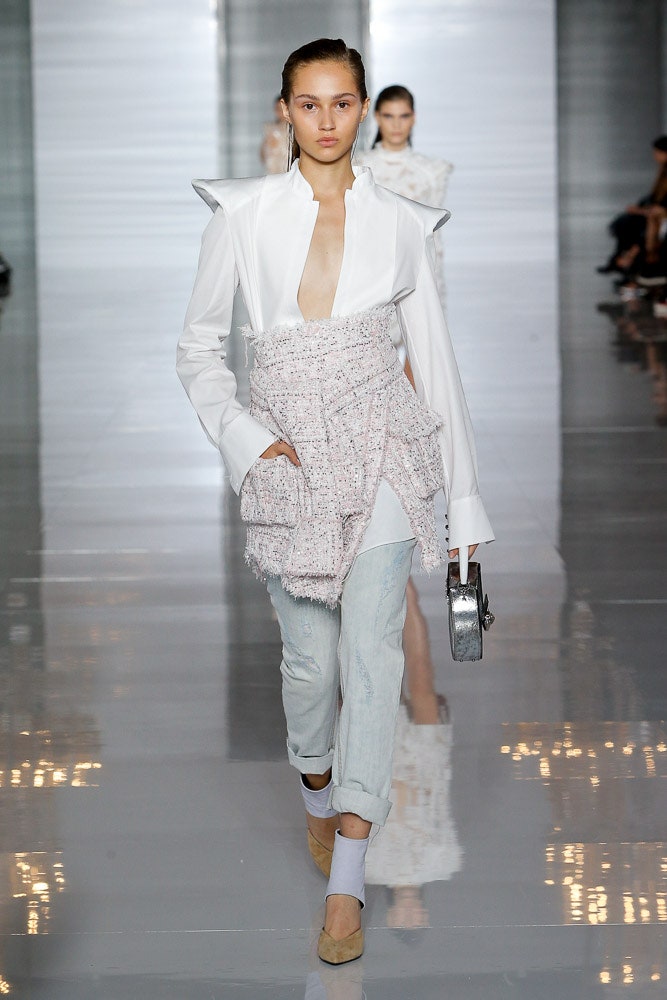 white fitted shirt with pink tweed skirt