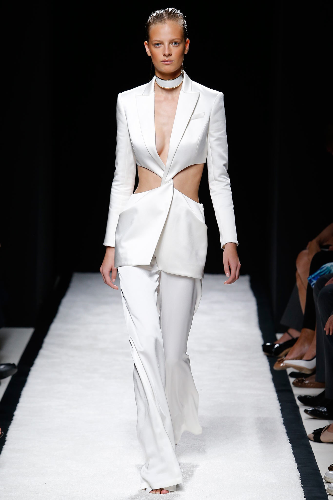 white silk long-sleeve v-neck fitted suit
