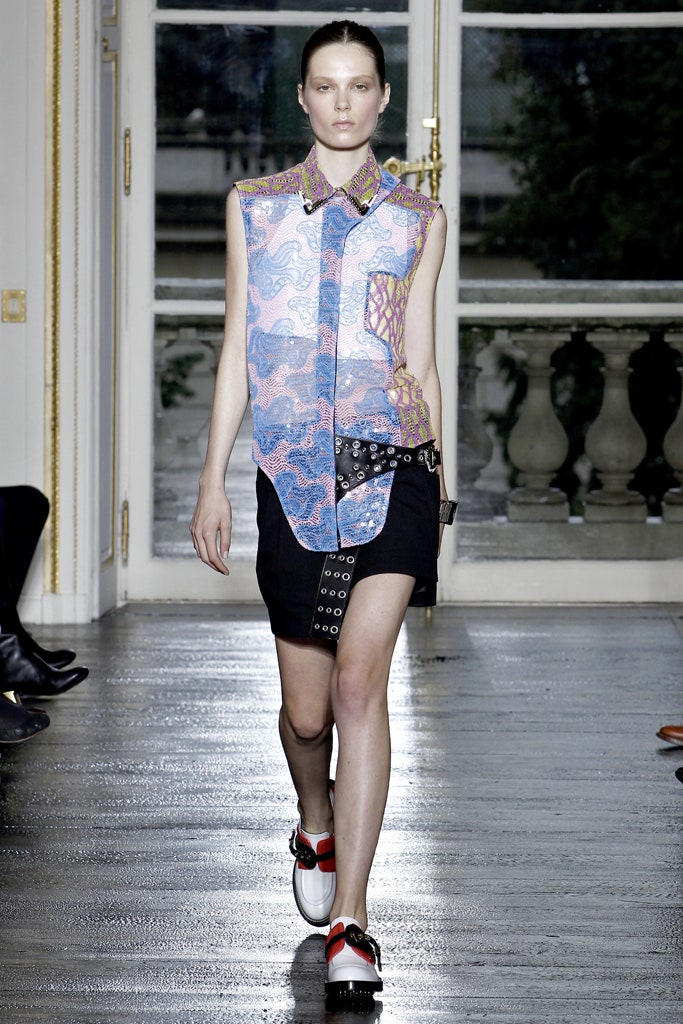 printed silk shirt with black skirt