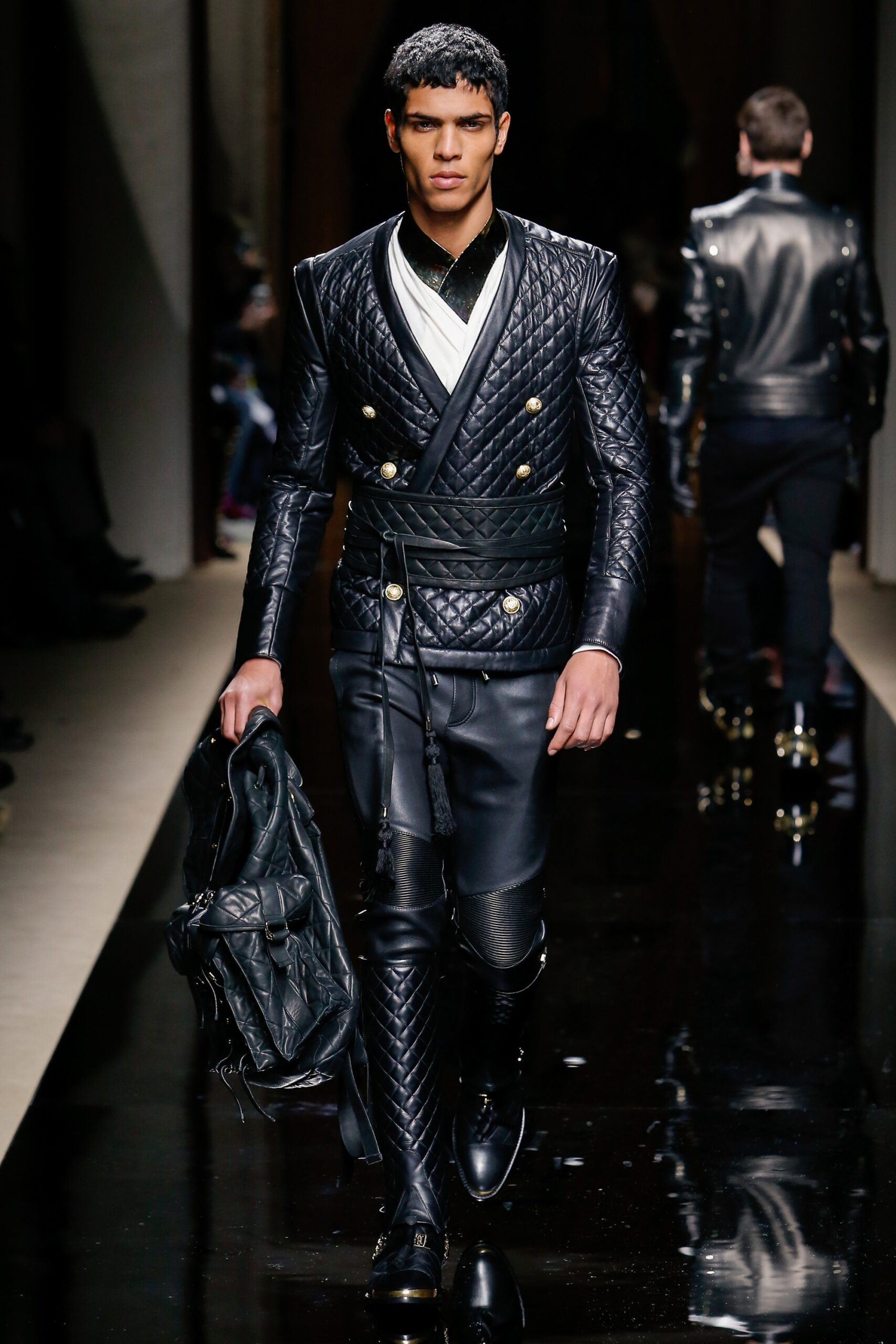 black leather fitted jacket and pants