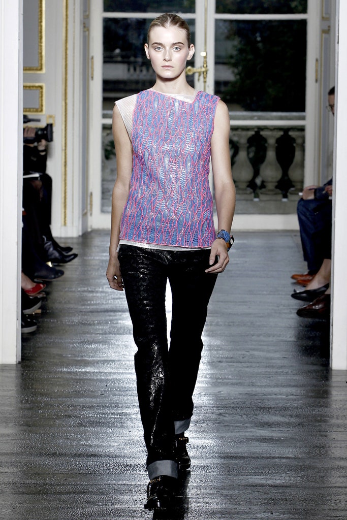 pink silk sleeveless high-neck fitted embroidered top